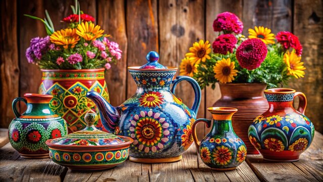 Traditional ceramic cantaros in vibrant colors displayed on a rustic wooden table with flowers