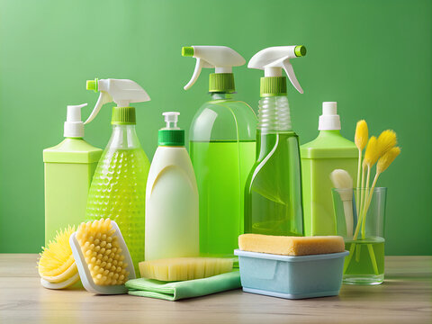 A collection of green cleaning bottles, sponges, and brushes is arranged neatly on a table against a matching green background, symbolizing cleanliness and eco-friendly products