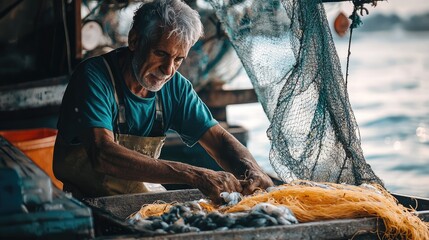 Fototapeta premium An elderly fisherman skillfully prepares his catch, surrounded by nets and the tranquil waters, showcasing a timeless fishing tradition.