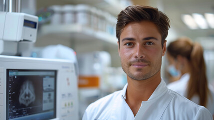 The physiotherapist medical technician shockwave therapy x-ray lab