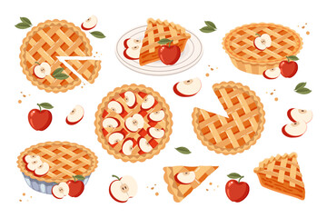 Set of baked apple pie, pie pieces and apples. Food, dessert, sweet. Flat illustration, sweet snack icons © Tatiana