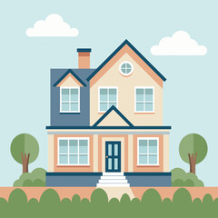 Cozy country house among green trees and bushes. Rural cozy cottage. Flat style illustration