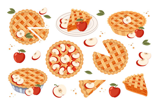 Set of baked apple pie, pie pieces and apples. Food, dessert, sweet. Flat illustration, sweet snack icons