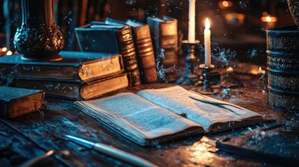 An enchanting scene with old books, a flickering candle, and a cozy atmosphere inviting a love for literature and discovery.