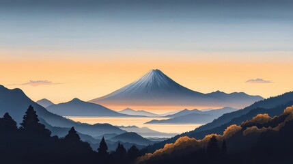 A panoramic view of Mount Fuji at sunrise, depicted in the timeless elegance of Chinese ink and watercolor techniques