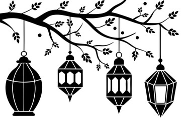 Festive Lanterns Silhouette Colorful Lanterns Hanging from Trees