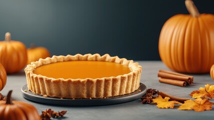 Pumpkin pie with autumn decorations on a rustic table.