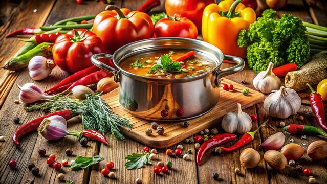 Traditional Perol Cooking Pot on a Rustic Wood Table Surrounded by Fresh Ingredients and Spices