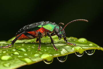 Naklejka premium a striking emerald beetle traversing a rainforest leaf, with water droplets