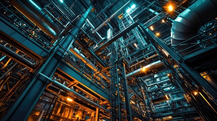 Captivating view of an industrial plant with intricate metal structures and glowing lights, showcasing modern engineering.