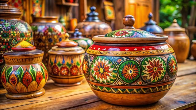 Traditional Slavic Wooden Poci Vessel with Intricate Carvings on a Rustic Wooden Background
