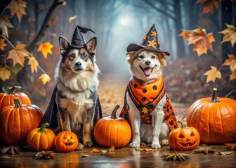 Celebrate Halloween with your furry friends in matching costumes! Set the scene with pumpkins and cheerful ghosts for an enchanting pet-themed spooky celebration.