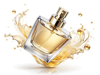 A sleek glass perfume bottle is surrounded by a dynamic splash of golden liquid, highlighting the luxurious essence and fragrance.
