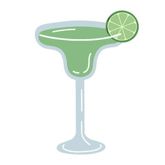 Cartoon margarita cocktail isolated on white background. Vector illustration of tropical cocktail. Hand drawn beverage with lime.
