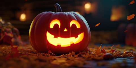 A carved pumpkin illuminating the face of a happy ghost, projecting a warm and festive glow onto the surrounding area.