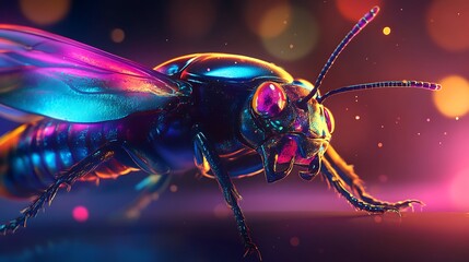 Luminous beetle in neon colors exploring glowing mossy landscape