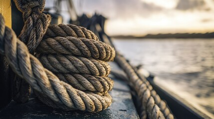 Fototapeta premium Close-up of a coiled rope on a boat at sunset, capturing the beauty of nautical elements and serene waters.