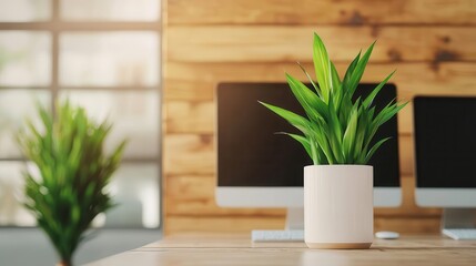 Bright coworking office with rustic wooden decor, multiple PC monitors, and floor-to-ceiling panoramic windows letting in sunlight