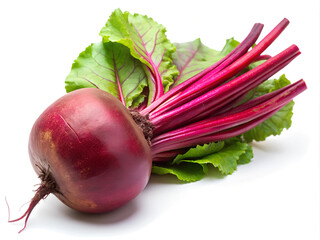 A whole boiled beet with its fresh green leaves, isolated on a white background, showcasing its deep color and nutritious value