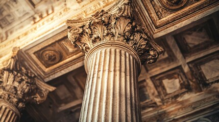 Close-up of a historical column showcasing intricate details and classic architecture, reflecting ancient elegance.
