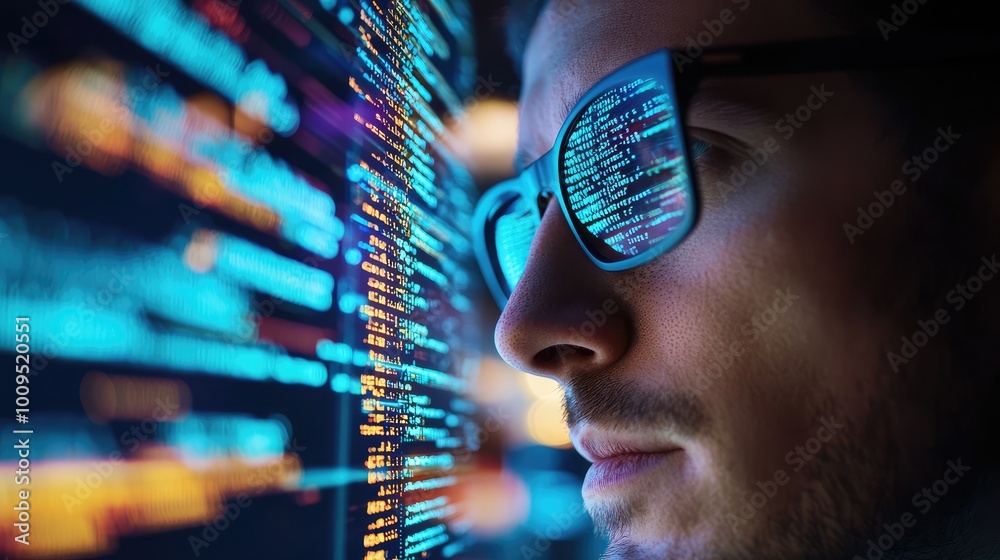 Poster close-up of a programmer analyzing data on a screen, showcasing a blend of technology and human focu