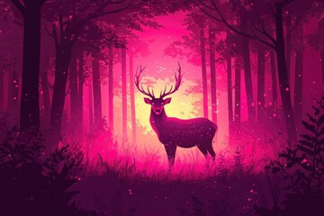 A Silhouetted Deer in a Purple Forest with a Pink Glow