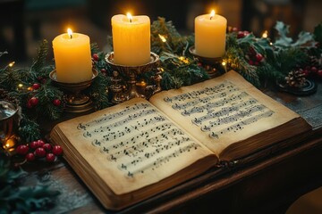 an ornate music sheet rests on a church table adorned with mistletoe and soft candlelight setting a serene mood for a christmas carol service