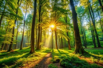 Obraz premium Tranquil Forest Landscape with Lush Greenery, Sunlight Filtering Through Tall Trees and Foliage