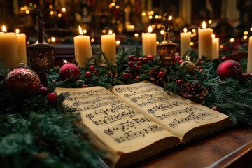 an ornate music sheet rests on a church table adorned with mistletoe and soft candlelight setting a serene mood for a christmas carol service