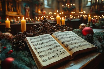 an ornate music sheet rests on a church table adorned with mistletoe and soft candlelight setting a serene mood for a christmas carol service