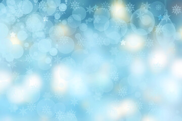 Abstract blurred festive delicate winter christmas or Happy New Year background with shiny blue yellow and white bokeh lighted stars. Space for your design. Card concept.