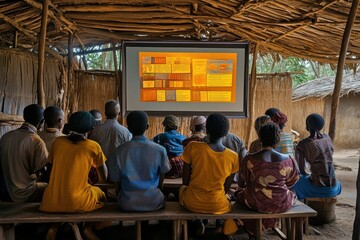 Financial education workshop in African village, panoramic view of gathering