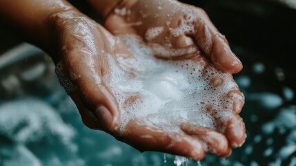 Close-up of hands holding soap bubbles, symbolizing cleanliness and hygiene in a refreshing water setting.