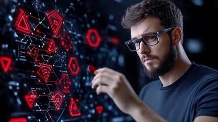 Man Analyzing Data on Digital Screen with Red Geometric Shapes
