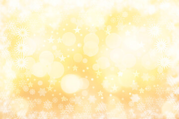 A festive abstract delicate Happy New Year or Christmas background texture with colorful gold yellow white blurred bokeh lights and stars. Space for design. Card concept or advertising.