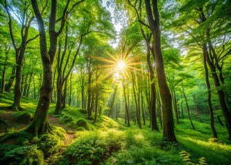 Fototapeta premium Tranquil Hokkaido Forest Landscape with Lush Greenery and Sunlight Filtering Through the Trees
