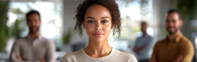 A confident employee stands in a bright, modern workspace with supportive colleagues nearby