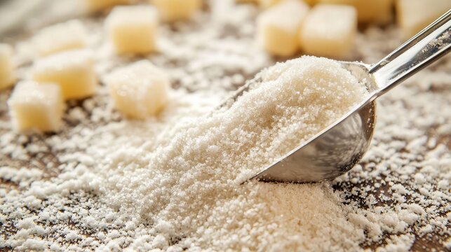 Close-up of sugar granules on wooden surface with a metal spoon, showcasing the texture and purity of natural sugar.