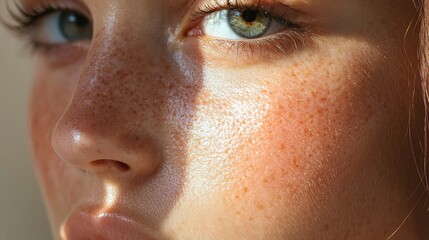 Naklejka premium Close-up portrait of a young woman showcasing freckles, glowing skin, and captivating eyes illuminated by soft natural light.