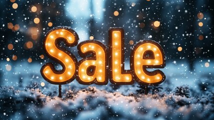 Bright sale sign glowing amidst falling snow in a winter wonderland during the holiday season