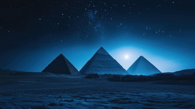 Three pyramids under a starry night sky in a desert landscape