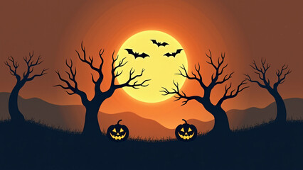 Spooky Halloween Orange Sunshine Background with pumpkins, bats, and bare trees