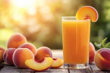 Fototapeta premium A refreshing glass of peach juice beside fresh peaches on a wooden surface in sunlight.