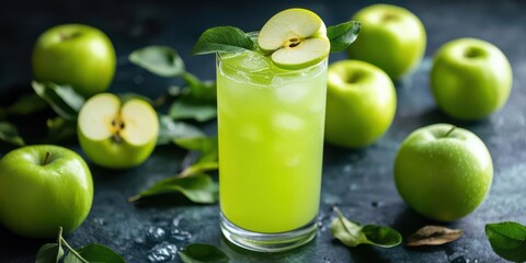 A refreshing green apple drink garnished with apple slices, surrounded by fresh apples.