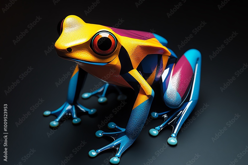 Poster Abstract minimalist design of a colorful frog, blending sharp geometric forms with bright colors to capture the essence of a poison dart frog.