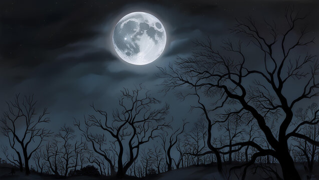 halloween night sky, full moon with haunted forest - gen ai