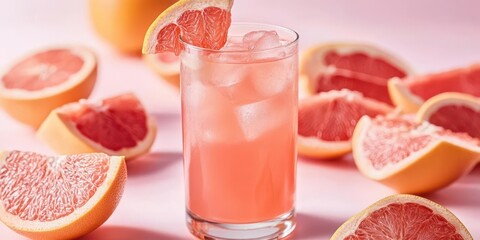 A refreshing pink drink garnished with a grapefruit slice, surrounded by grapefruit halves.