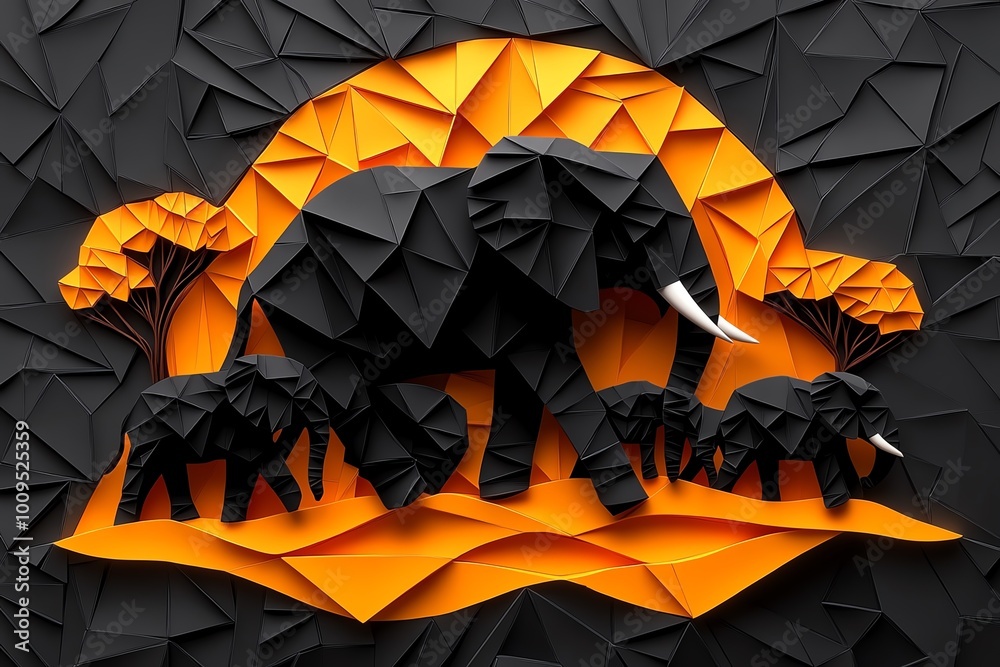Poster abstract minimalist design of a herd of elephants walking through a savannah, with geometric shapes 