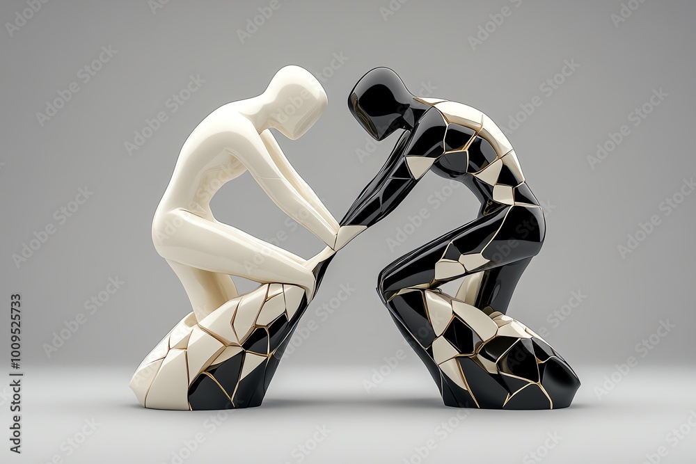 Poster Abstract minimalist design of two figures parting ways, with geometric shapes and soft colors representing the emotional distance created by goodbye
