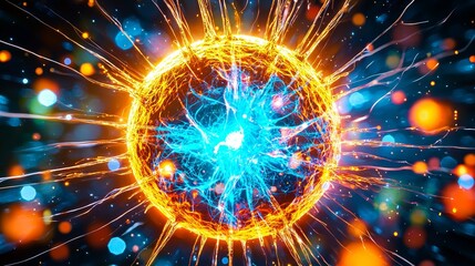 Obraz premium vibrant abstract representation of energy, featuring central blue core surrounded by dynamic orange and yellow rays, creating sense of movement and vitality